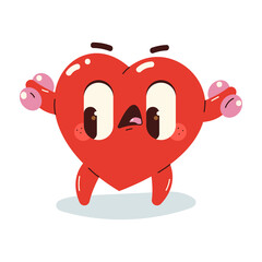 Funny heart with dumbbells vector cartoon character isolated on a white background.