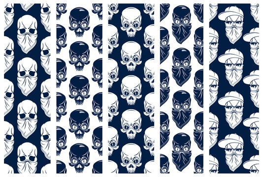 Black skulls seamless vector background set, endless pattern with horror death sculls, stylish wallpaper of hard rock culture music fashion theme, gothic image collection.