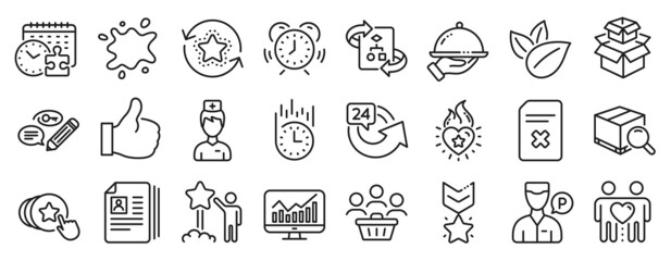 Set of Business icons, such as Heart flame, Packing boxes, Puzzle time icons. Cv documents, Friends couple, Doctor signs. Star, Valet servant, Loyalty points. Hold heart, Organic product. Vector
