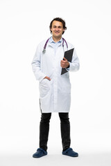 Happy doctor with clipboard, isolated on white background