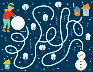 Naklejka premium Help the boy build a snowman. Winter maze game for kids. Preschool activity page. Find the way to snowman puzzle. Us letter format. Vector illustration