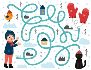 Help the boy find mittens. Winter maze game for kids. Preschool activity page. Find the way to red mittens puzzle. Us letter format. Vector illustration