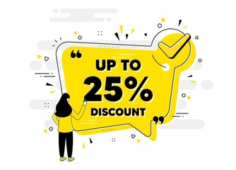 Up to 25 percent Discount. Check mark chat bubble banner with people. Sale offer price sign. Special offer symbol. Save 25 percentages. Discount tag approved chat message. Vector