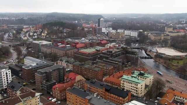 Colorful downtown buildings of Swedish town city center, aerial drone view