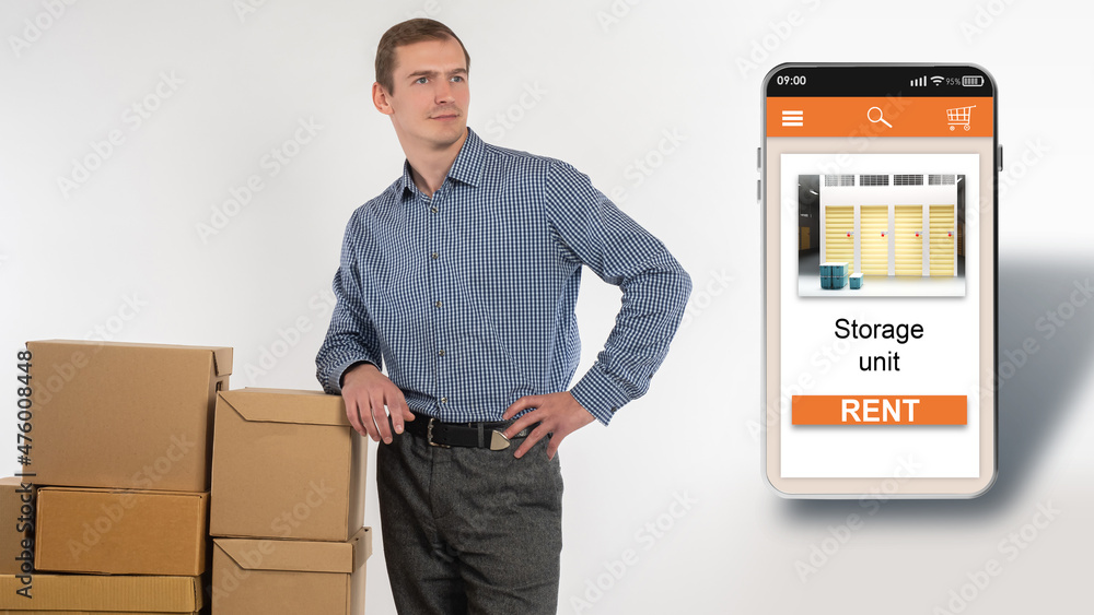 Aufkleber storage unit rent via smartphone. man with boxes for storage. apps to find warehouse company. select