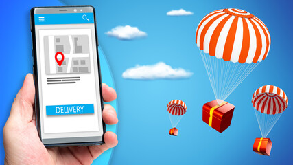 Online delivery phone concept. Fast respond delivery package shipping on mobile. Parachutes with parcels. Express delivery. Transportation by air. Parcel tracking. 3d image.