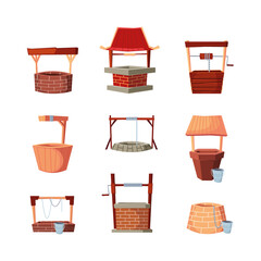 Water source. Well with bucket in village old farm stone and wooden constructions garish vector flat illustrations set