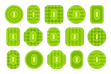 Cricket stadium top view. Different types of cricket ground fields with pitch. Green sport courts. Vector flat icon set. Isolated objects