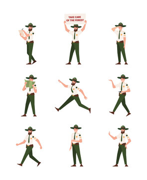 Park rangers. National wood protection persons adventure scouters camping job veterinary guards foresters garish vector illustrations of rangers