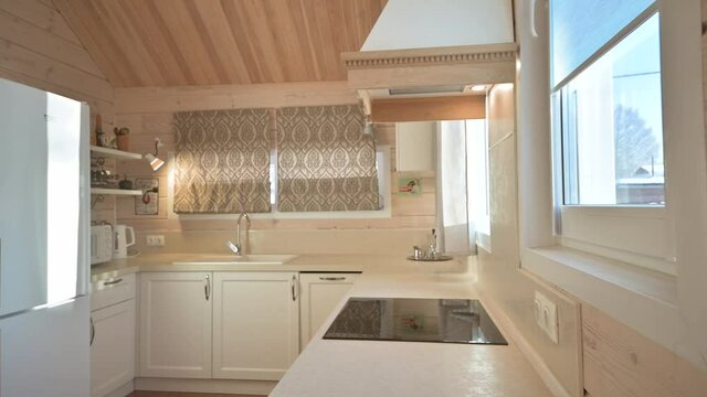 standard room interior apartment. view kind of decor home decoration in hostel house for sale. kitchen and dining room, refectory area, cooking equipment, table furniture, stove