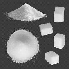 Sugar realistic. Granule white ingredients for preparing food sweet powder plants decent vector sugar grains