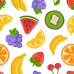 Fruits pattern. Plasticine stylized products orange strawberry cherry eating healthy fruits decent vector seamless backgraund for textile project design