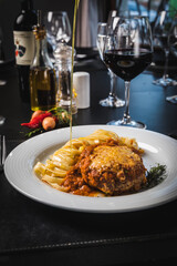 Delicious Contemporary Classic Food Dish Plate Menu Lunch Breakfast Rice Beans Pasta Sausage Shrimp on the Table