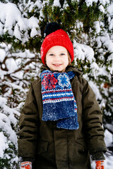 A great walk a winter forest has succeeded. Close up portrait of cute boy in wooly red hat, bright scarf and gloves over snowy winter tree. Smiling child in snow-capped fir tree.