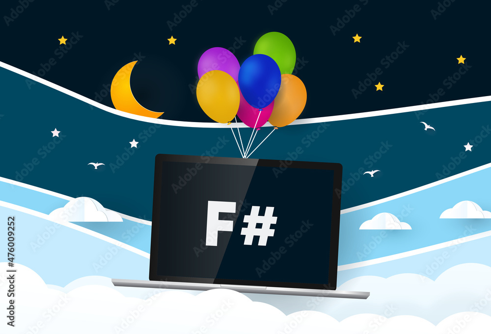 Aufkleber f sharp programming language... balloons carries laptop with word f#