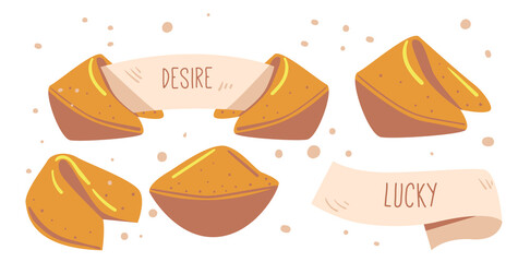 Set of Chinese Fortune Cookies with Wishes inside. Lucky Forecasting Messages for New Year Celebration, Asian Bake