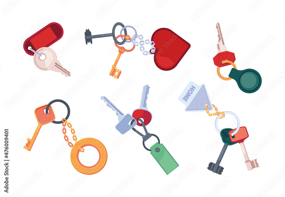 Poster keychain for keys. property protection lock with colored keychains of different forms garish vector 