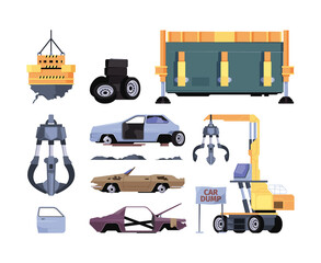 Dump yard. Urban steel garbage recycling places outdoor damaged transport automobiles busses trash vehicles garish vector set