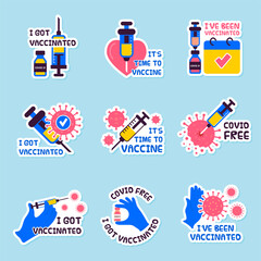 Vaccination badges. Healthcare attention labels medicine prevention symbols syringe icon labels announced quotes recent vector vaccination concept