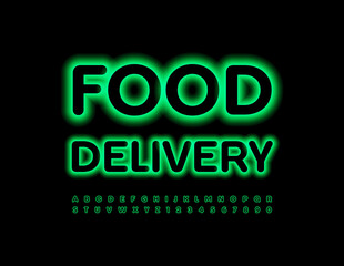 Vector glowing emblem Food Delivery. Neon Green Font. Illuminated trendy Alphabet Letters 