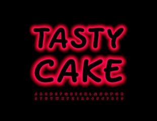 Vector artistic sign Tasty Cake. Handwritten Neon Font. Glowing Red Alphabet Letters and Numbers set