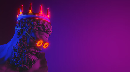 Hercules gipsum head in bitcoin glasses on a neon bakground. 3d image. - obrazy, fototapety, plakaty