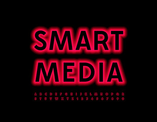 Vector modern concept Smart Media. Neon bright Font. Red glowing Alphabet Letters and Numbers set