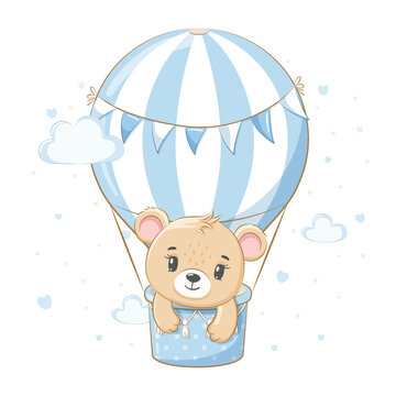 Naklejka A cute teddy bear is flying in a balloon. Vector illustration of a cartoon.