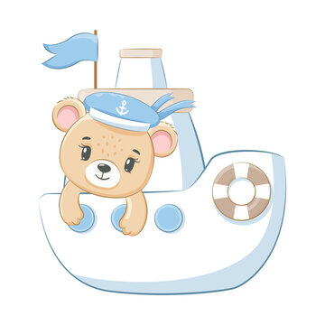 Cute teddy bear on the ship. Vector illustration of a cartoon.