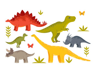 Schattige babydinosaurussen, draken en grappige Dino-personages. Geïsoleerde Fantasie Kleurrijke Prehistorische Gelukkige Wilde Dieren