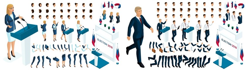 Create your isometric character. 3d woman and man, presidential candidate for the required, election, vote. Candidates is against everyone. A large set of emotions - obrazy, fototapety, plakaty