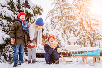 Fototapeta na wymiar Family playing snowball, riding sledge near snowy fir trees. Single mother with two kids riding sledding slide. Spending time actively and funny together in winter park. Winter activities concept.