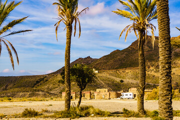 Fototapeta na wymiar Caravan at movie location in Sierra Alhamilla, Spain