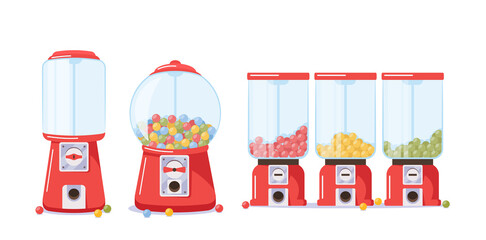 Set of Gumball Machines with Candies, Full and Empty transparent Dispensers, Vending Machines with Colored Bubble Gums