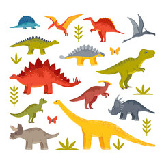 Schattige babydinosaurussen, draken en grappige Dino-personages. Tyrannosaurus Rex, Stegosaurus, Pterodactylus, Brontosaurus