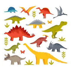 Fotobehang Dinosaurussen Schattige babydinosaurussen, draken en grappige Dino-personages. Tyrannosaurus Rex, Stegosaurus, Pterodactylus, Brontosaurus