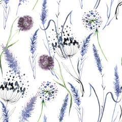 Watercolor lavender flower, grass   seamless pattern in vintage hand drawn style. Elegant floral background illustration.Watercolor provance lavender set. Flowers isolated on background. bouquet.