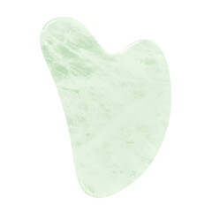 Green Gua Sha scraper, massage tool isolated on white background.
