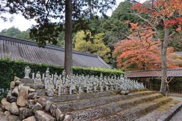 Stone Buddhist images and autumn leaves in the precincts of Buttsu-ji Temple in Mihara City in Hiroshima Prefecture 広島県三原市にある佛通寺境内の石仏群と紅葉