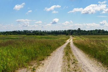 A long road in an arable field. Farmland. A beautiful field road