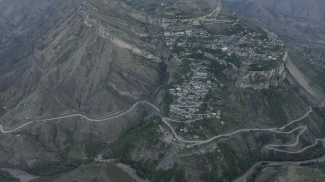 Gunib village in Dagestan. Aerial view of mountainous landscape Dagestan aul Gunib and nearby mountains, famous landmark. Ancient settlement. Travel in Russia. Dlog-M 10 bit