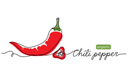 Chili pepper vector color illustration. Strings of hot red pepper for label design. One continuous line art drawing with chili pepper lettering - obrazy, fototapety, plakaty