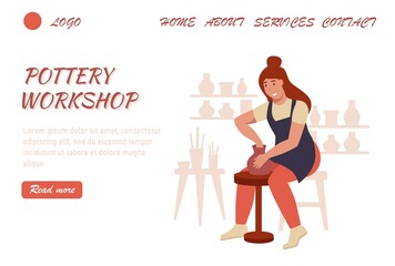 Pottery workshop landing page vector template. A young woman makes a jug on a potter's wheel. Flat vector illustration