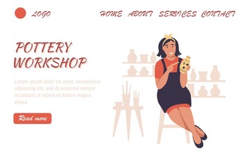 Pottery workshop landing page vector template. A young woman paints a vase in a pottery workshop. Flat vector illustration