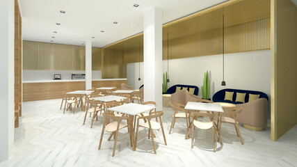 Interior design 3D rendering of restaurant and cafeteria