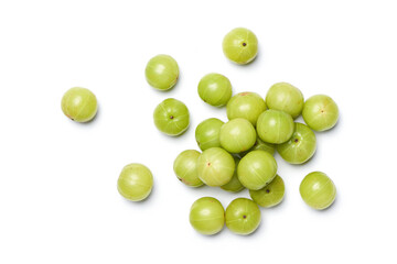 Flat lay of Fresh Amla (Indian gooseberry) fruits on white background.