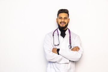 Fototapeta premium Young handsome Indian man doctor against on white background