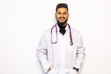 portrait of Indian young male medical worker isolated on white background