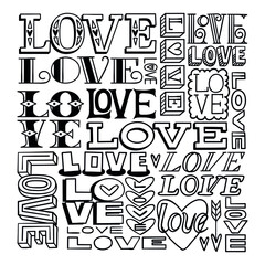 Hand lettered text in black and white, hand drawn word love. 