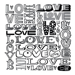 Hand lettered text in black and white, hand drawn word love. 